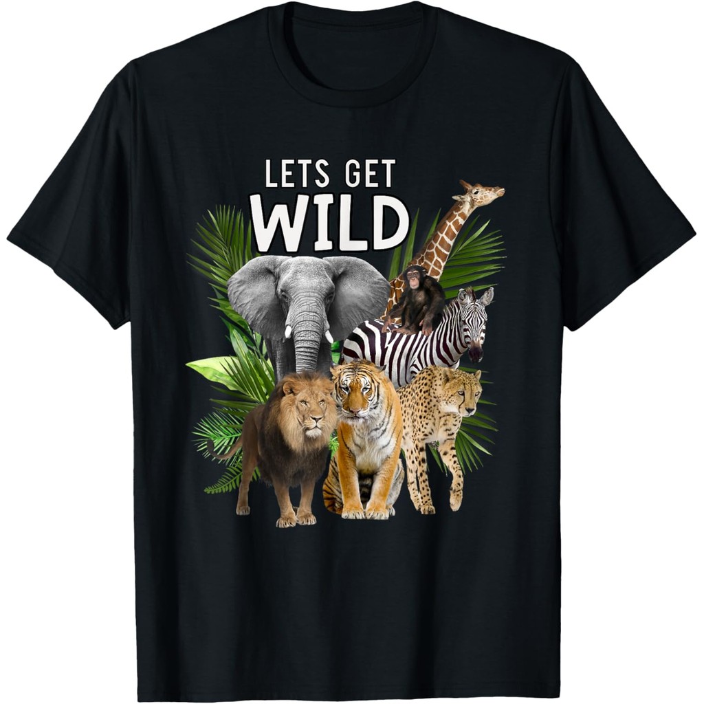 เสื้อยืดผ้าฝ้ายผู้ชาย Lets Get Wild Zoo Animals Safari Party A Day At The Zoo T-Shirt 4XL , 5XL , 6X