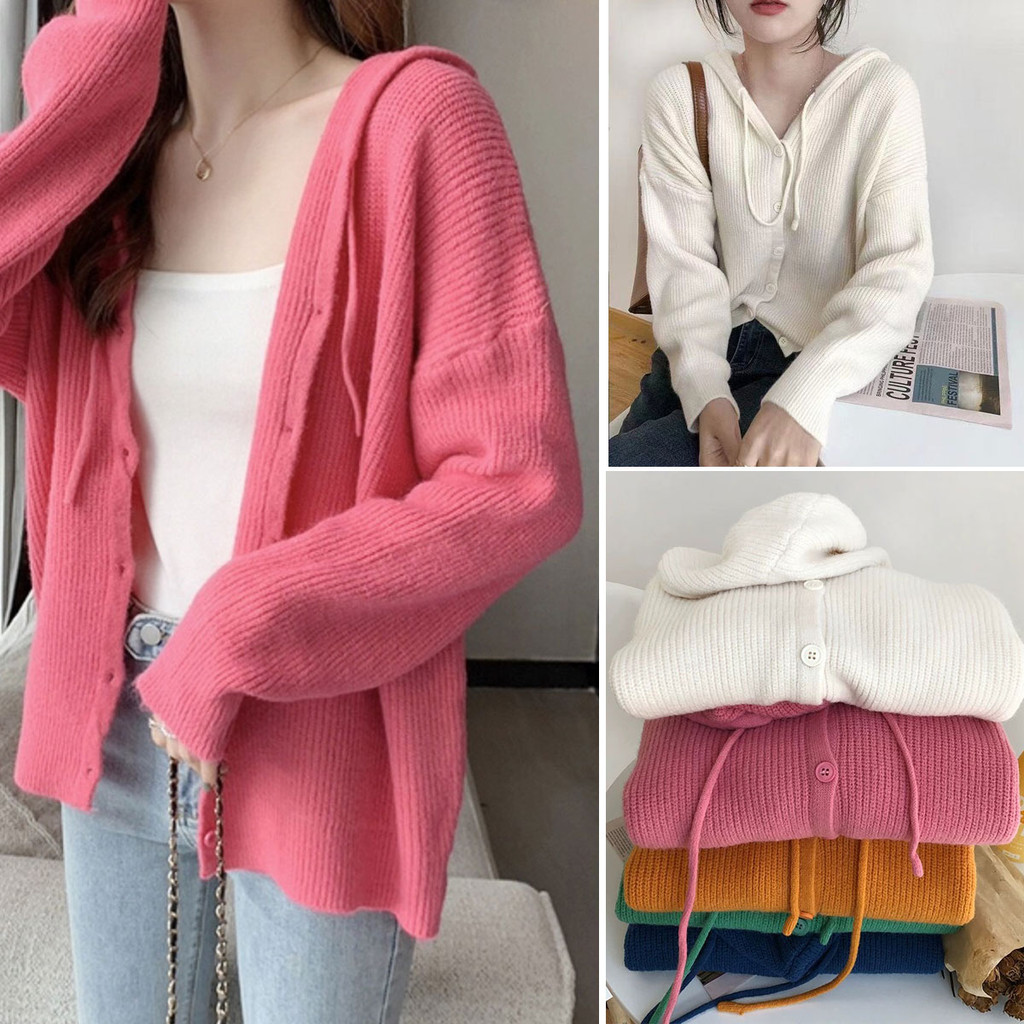 Dahong 9685 เสื้อแขนยาวไหมพรมมีฮู้ด เสื้อไหมพรมกระดุมหน้า ผ้าไหมพรม สีพื้น ฮู้ดมีเชือกดึง คาดิแกนมีฮู้ด พร้อมส่งจากไทย