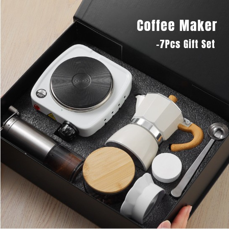 ชุดของขวัญเครื่องชงกาแฟ 7 ชิ้น ชุดเครื่องชงกาแฟ Moka Pot อุปกรณ์กาแฟเอสเปรสโซแบบชงด้วยมือแบบพกพา