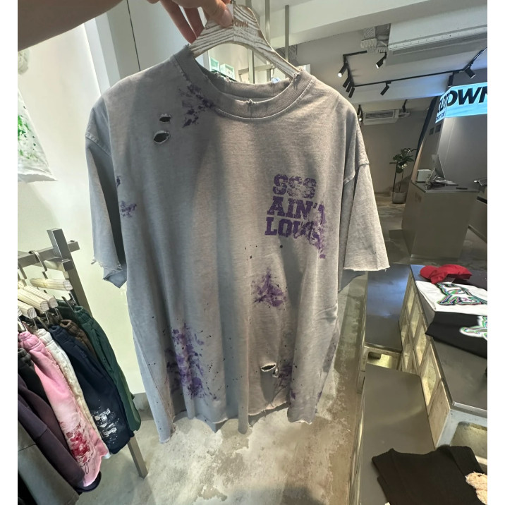 ขายร้อน SSSAINT LOUIS Handmade Destruction โลโก้พิมพ์ตัวอักษรรอบคอเสื้อยืดแขนสั้น Unisex