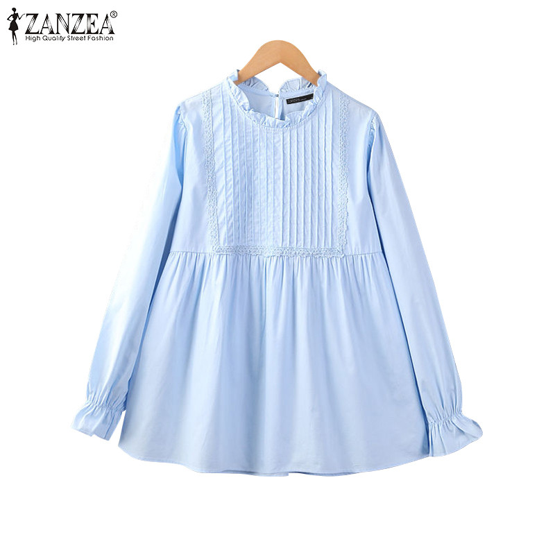 Zanzea เสื้อเบลาส์คอกลมแขนยาวลําลองเกาหลีสําหรับผู้หญิง Presale