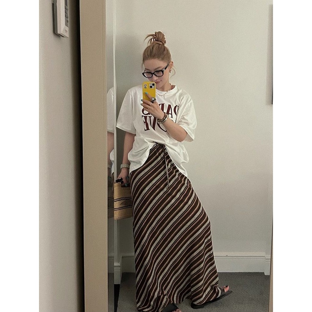Moershop Spring Cuban Holiday Style Retro Striped One Piece Wraped Skirt Design Niche Skirt