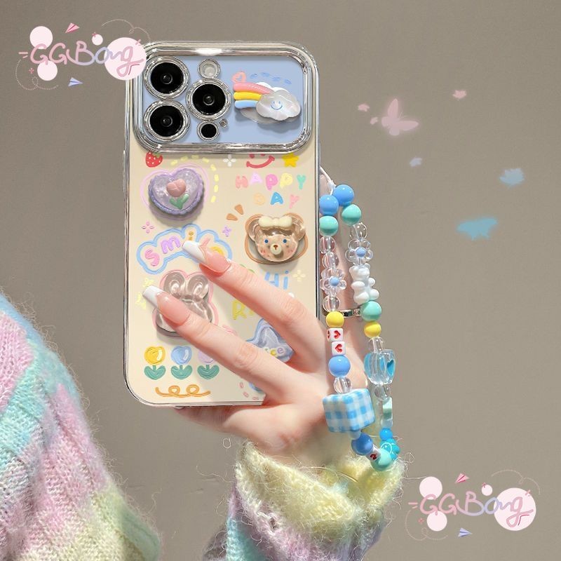 เคสไอโฟน 11 13 15 16 14 12 Pro Max 7 8 15 13 14 16 Plus X XR XS Max กระต่ายหมีใหม่ดอกไม้กำไลความคมชัดสีหน้าต่างเคสเลนส์