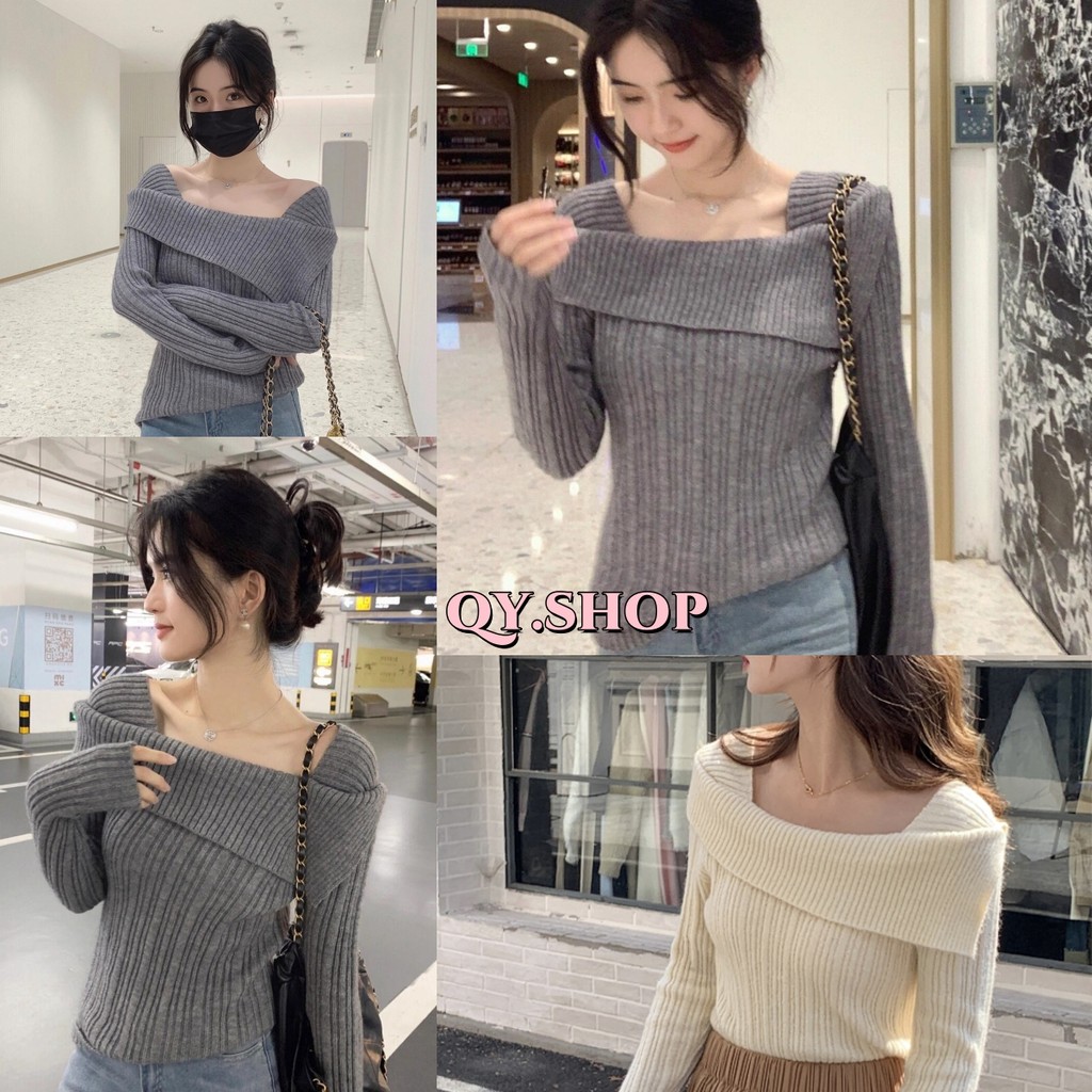 QY.Shop ​พร้อมส่ง เสื้อเปิดไหล่ไหมพรม แขนยาวผ้าร่องใหญ่ "R012" -C