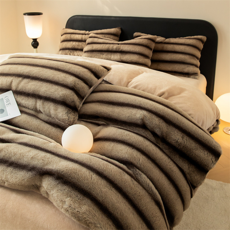 กระต่าย Plush Warm Winter Bed Sheet ปลอกหมอนผ้านวมคลุมเตียงสี่ชิ้นชุด 6 ฟุต 5 ฟุตขนแกะนมสองด้าน