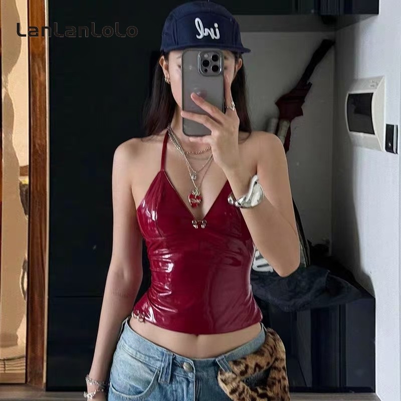 Lanlanlolo ผู้หญิง 2024 สีทึบเซ็กซี่หนังแฟชั่นเสื้อชั้นในสตรีสีแดง
