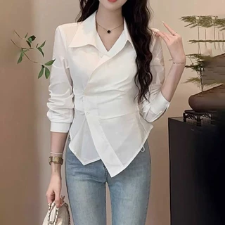 เสื้อเชิ้ตแขนยาวสไตล์ฝรั่งเศส สีฟ้า ลายทาง ดีไซน์เก๋