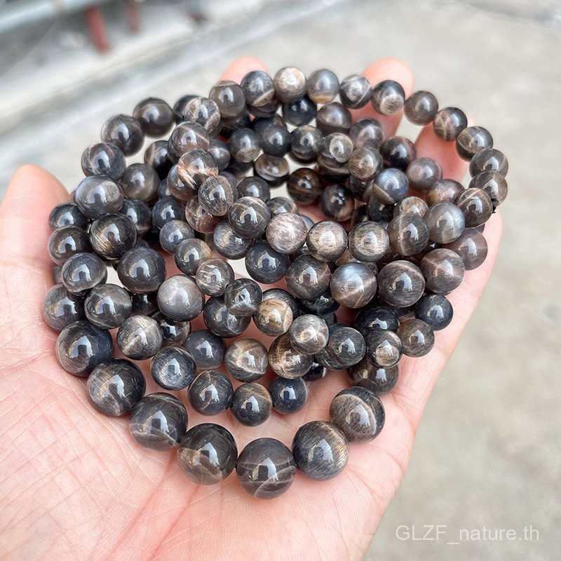 สร้อยข้อมือหินดวงอาทิตย์สีดำสีเข้มธรรมชาติ5A สร้อยข้อมือลูกปัดกลมมูนสโตน