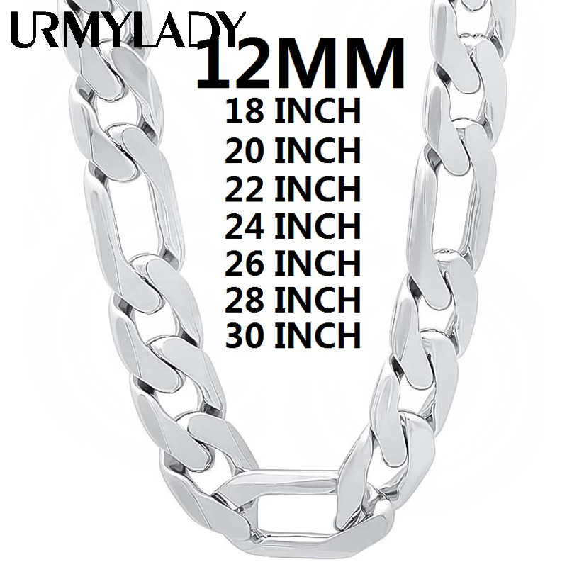 Solid 925 สร้อยคอเงินสําหรับผู้ชายClassic 12 มม.โซ่คิวบา 18-30 นิ้ว Charm เครื่องประดับแฟชั่น