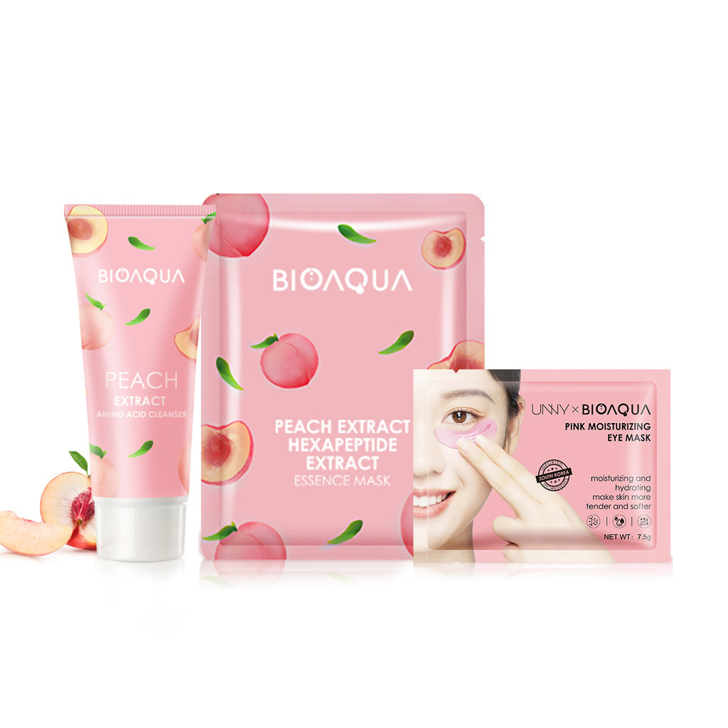 ชุดดูแลผิวหน้า (คลีนเซอร์ 100g+มาส์กใต้ตา 7.5gx5ชิ้น +มาส์กเอสเซนส์ 25gx5ชิ้น)/กล่อง Peach Skin Care Set