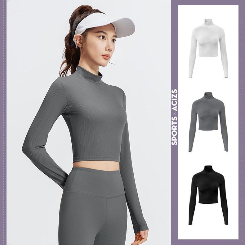 mvp sport เสื้อสเวตเชิ้ตแขนยาวคอเต่าสีทึบลายทางแขนยาวสำหรับผู้หญิง