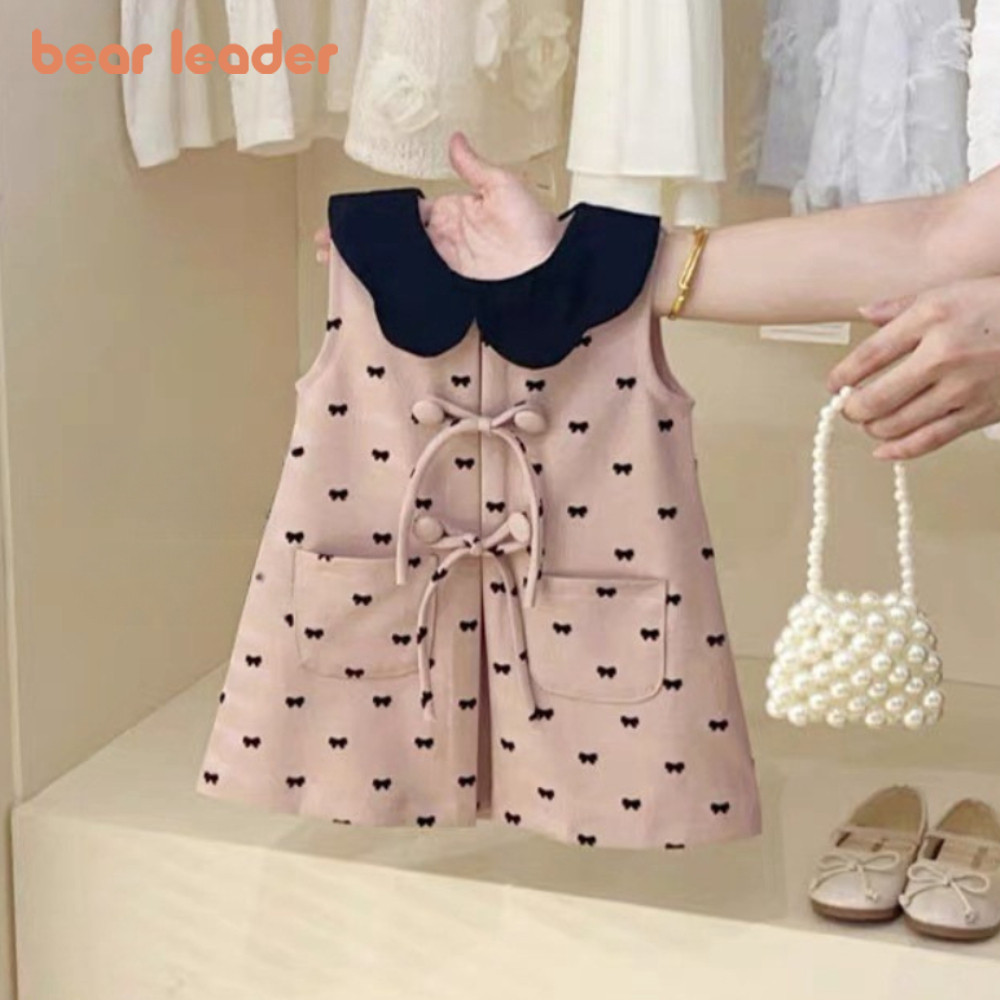 หมีผู้นําหวานฤดูร้อนโบว์พิมพ์สาวชุดเวอร์ชั่นเกาหลีปกแขนกุดเสื้อผ้า2-6ปีเด็กชุดลําลอง