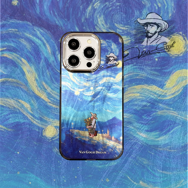 คลาสสิก Van Gogh Beach Starry Sky ภาพวาดสีน้ํามันเลนส์โลหะไฟฟ้ากรอบ Feather รูปแบบเคสโทรศัพท์เหมาะสํ