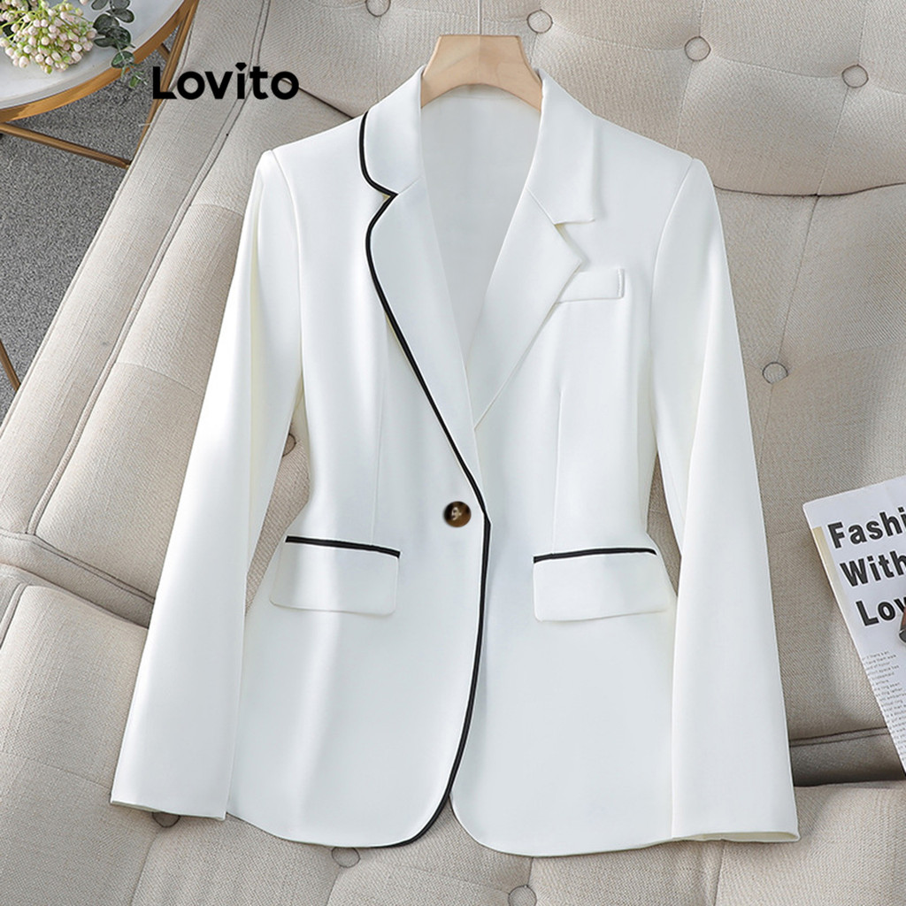 Lovito เบลเซอร์ผู้หญิง แต่งขอบสีตัดกัน มีกระดุม สีพื้น สไตล์ลำลอง LNL63245