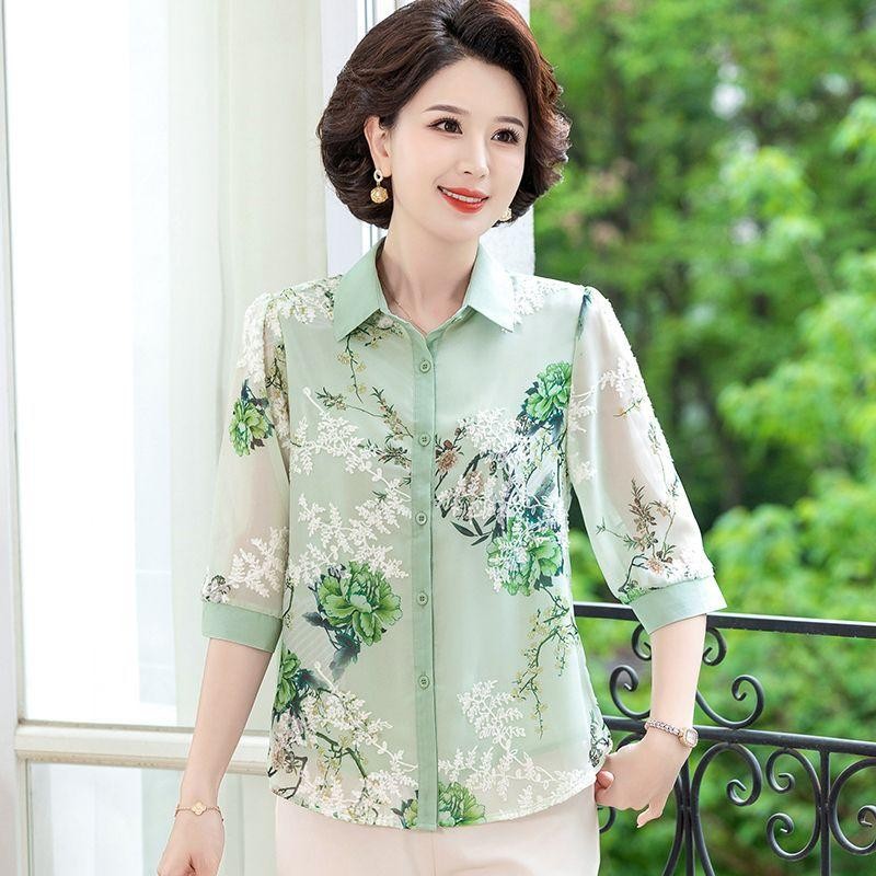 พร้อมส่งในไทย เสื้อผ้าผู้ใหญ่ เสื้อวัยกลางคนแบบเนื้อผ้าชิฟฟ่อนเบาๆ ใส่สบาย รีดง่าย เหมาะกับอากาศเมืองไทยใส่ไปเที่ยวสวยๆ