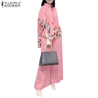 ZANZEA ซานเซีย ผู้หญิงเกาหลีพิมพ์ปกจีบแขนโคมไฟกระเป๋าขากว้างชุดสองชิ้น