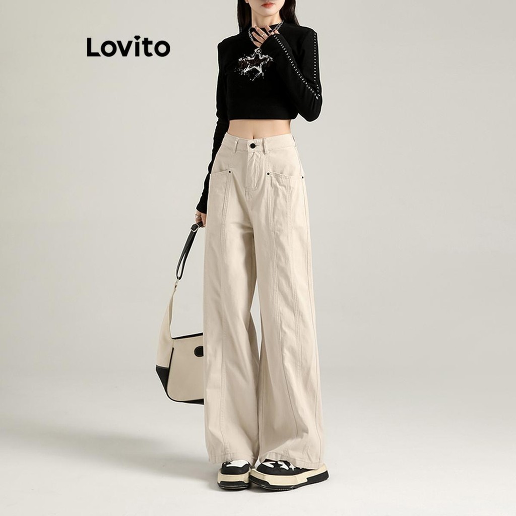 Lovito กางเกงยีนส์ผู้หญิง มีกระเป๋า สีพื้น LNA70203
