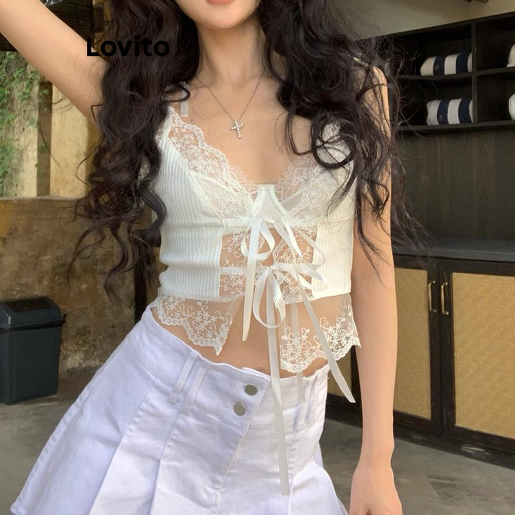 Lovito เสื้อแขนกุดผู้หญิง ผูกเชือก สีพื้น สไตล์ลำลอง LNA67291