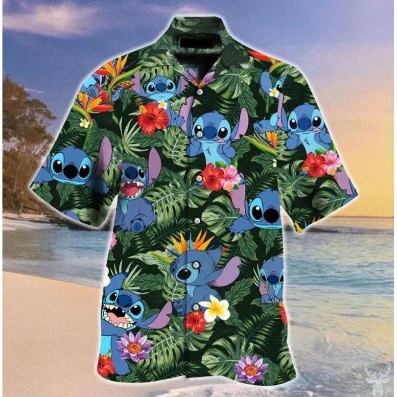 Stitch ฮาวาย Beach เสื้อฤดูร้อนสุดฮอต Disney เสื้อฮาวายวินเทจปุ่มลงเสื้อผู้ชายผู้หญิงเสื้อยืด เสื้อฮาวาย