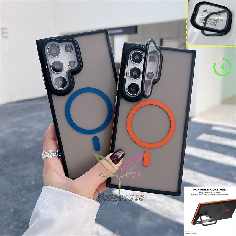 SAMSUNG แม่เหล็กเลนส์ฟิล์มยืนโปร่งแสงกรณีปลอกสําหรับ ซัมซุง กาแลคซี ส25 ส24 ส23อัลตร้าพลัสไร้สายชาร์จผิวรู้สึกปก