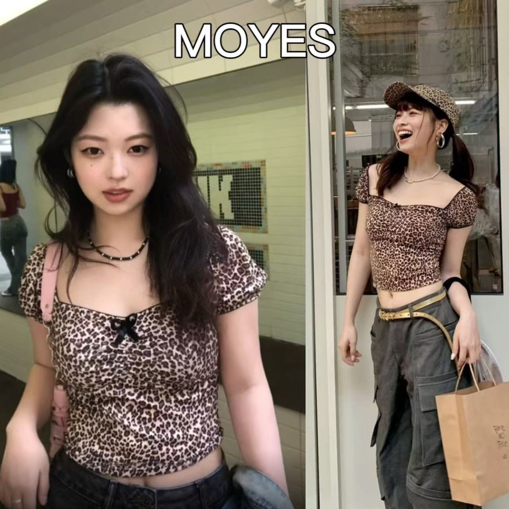 MOYES 🔥มีสินค้า💗เสื้อยืดแขนสั้นพิมพ์ลายเสือดาวเซ็กซี่สาวฮอตคอเหลี่ยมทรงเข้ารูปแฟชั่นใหม่สำหรับผู้หญิง