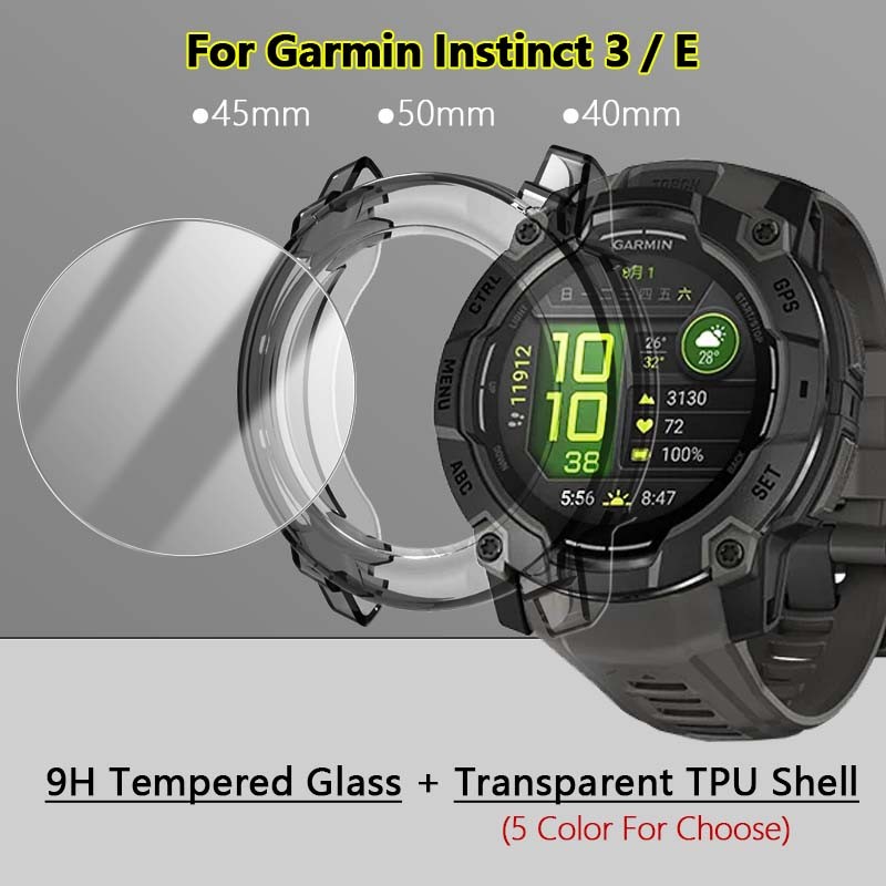 9h กระจกนิรภัย + Soft TPU Shell สําหรับ Garmin Instinct 3 E 45 มม.50 มม.40 มม.AMOLED พลังงานแสงอาทิตย์นาฬิกากันชนโปร่งใสป้องกันหน้าจอฟิล์มกรณี