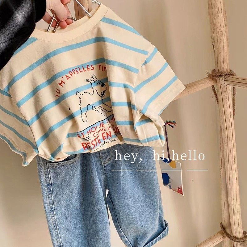 ฤดูร้อนใหม่ เสื้อยืดแขนสั้นเด็กสไตล์เกาหลีผ้าฝ้ายแท้ ลายสุนัขหลวมสำหรับเด็กชายและเด็กหญิง