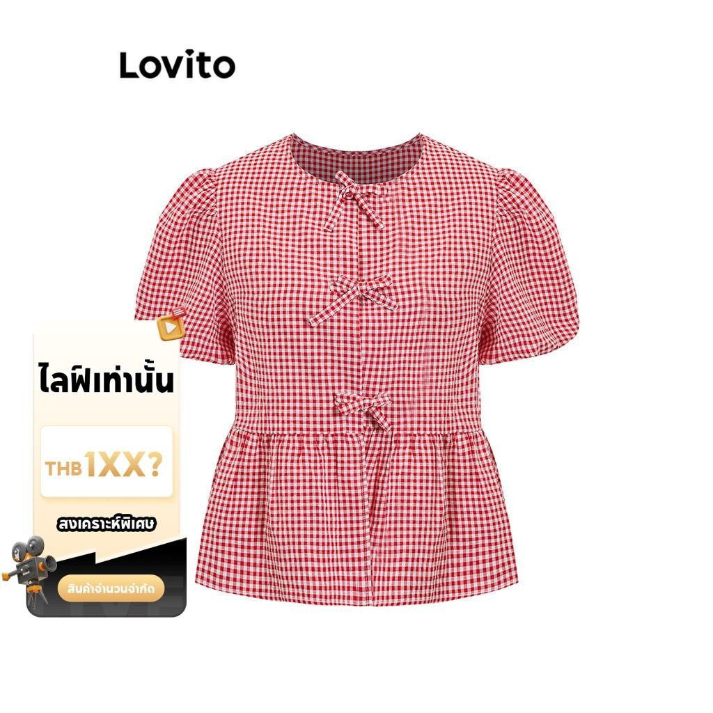 (LIVE STREAM SALE) Lovito เสื้อเบลาส์ผู้หญิง ลายตาราง แบบผูกโบว์หน้า สไตล์น่ารัก L101AD087