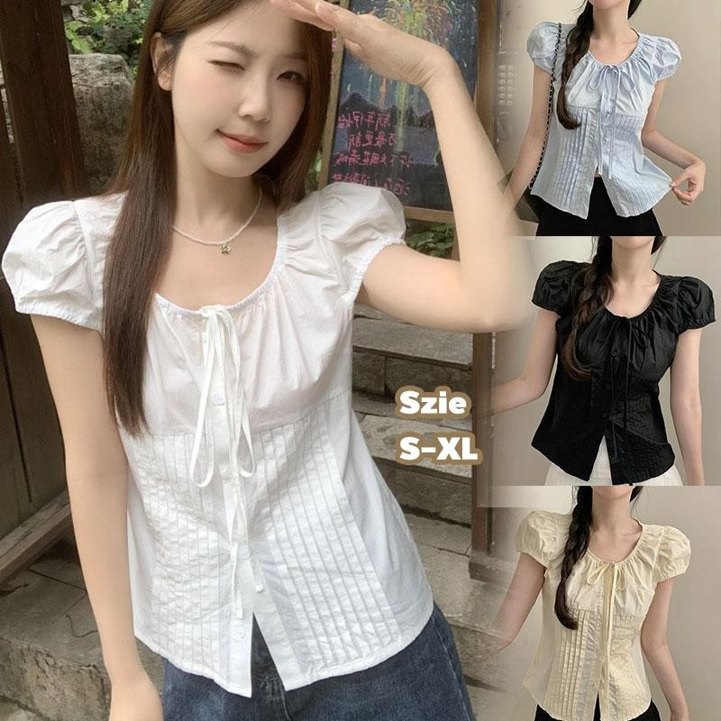 Mimi&Didi#เสื้อเชิ้ตแขนสั้นโบว์ไท ดีไซน์สายรัดเอวด้านหลัง เสื้อตัวบนสไตล์สั้นและน่ารัก สำหรับผู้หญิง#W569