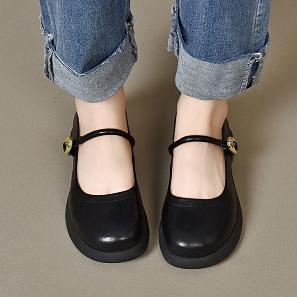 LIANPU รองเท้า Mary Jane, ปากตื้นหนังผู้หญิงรองเท้าไม่มีส้นรองเท้าแฟชั่นส้นเตี้ยสบายรอบนิ้วเท้าบัลเล่ต์แฟลต Commute - รูปที่ 4