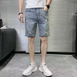 Eershenshi กางเกงยีนส์ขาสั้นแฟชั่น Distressed สําหรับผู้ชาย