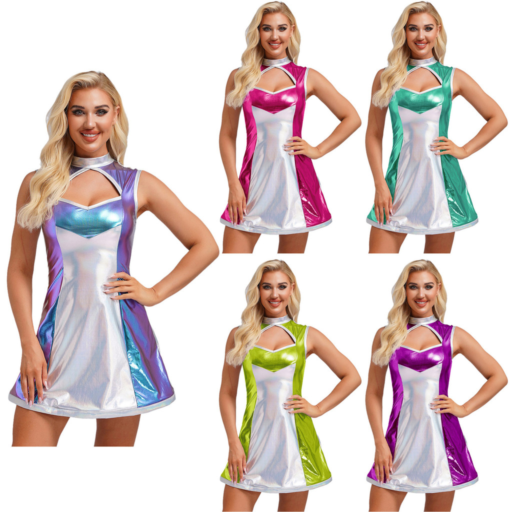 Inlzdz Womens Space Fighter Alien Dress-up เครื่องแต่งกาย Mock คอแขนกุด Cutout โลหะเงา Contrast ชุดส