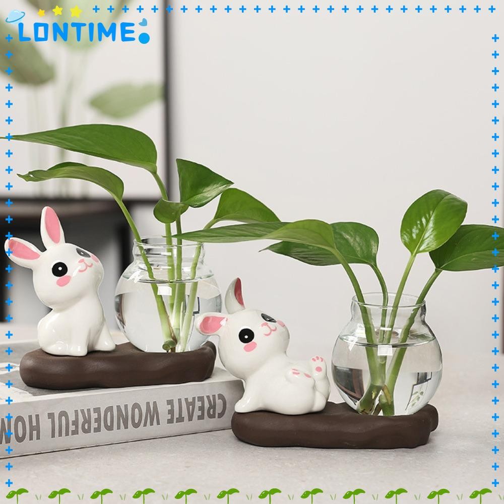LONTIME แจกันแก้วใส,พร้อมฐานไม้ตกแต่งโต๊ะแจกันพืชไฮโดรโปนิกส์, เครื่องประดับกระต่ายน่ารักตกแต่งงานฝีมือกระถางดอกไม้ห้องนั่งเล่น