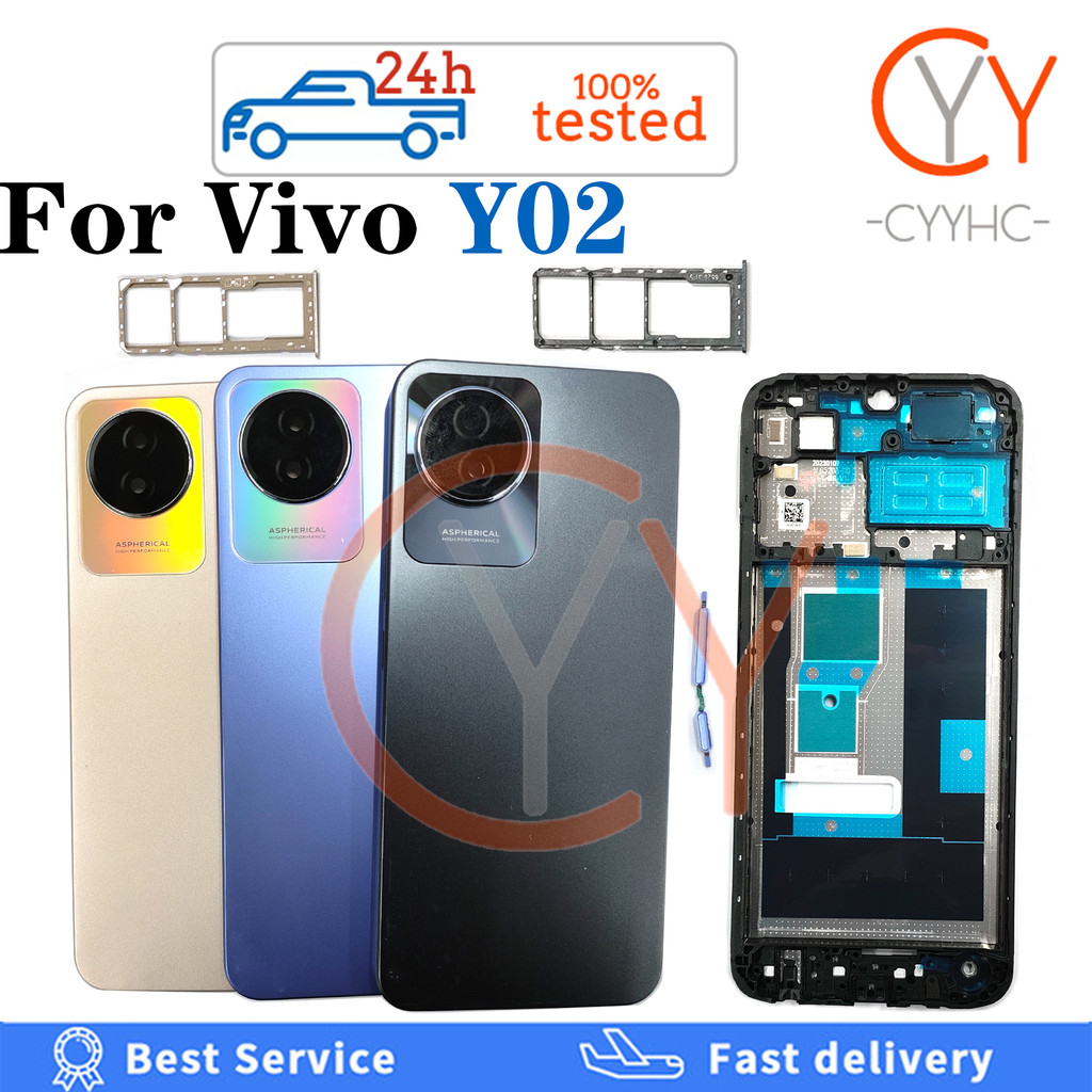 สําหรับ VIVO Y02 / Y02A / Y02T v2254 v2252 ฝาหลังแบตเตอรี่ Houser ปุ่มปุ่มเปิดสายไฟฝาครอบแบตเตอรี่ด้านหลังประตู + กรอบด้านหน้า LCD + เปลี่ยนซิมการ์ด