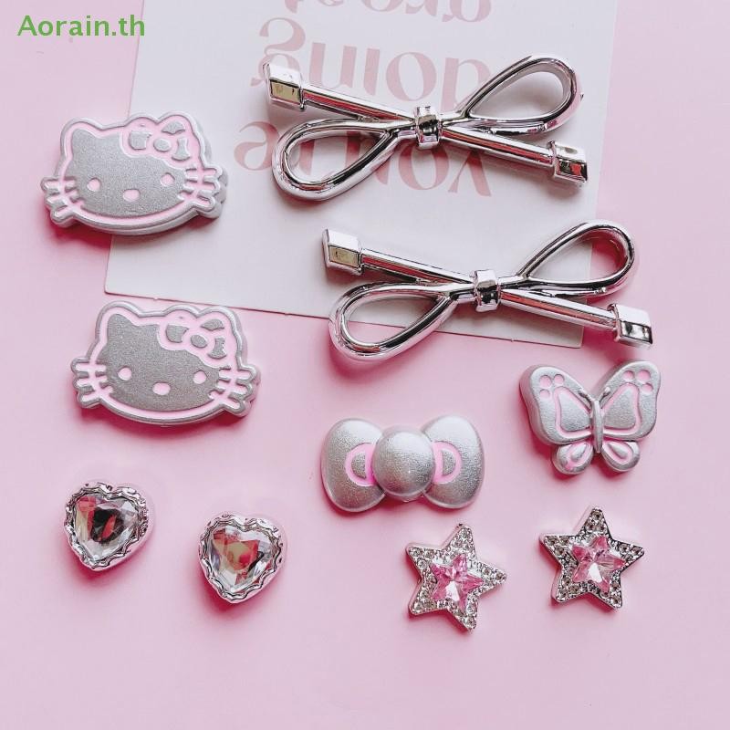 # ANTH Clothes# 10 ชิ้น/เซ็ต Hello Kitty Silver Bow Cat Shoe Buckles สําหรับ Clogs รองเท้าแตะที่ถอดออกได้น่ารักการ์ตูนตกแต่งหัวเข็มขัดของขวัญ