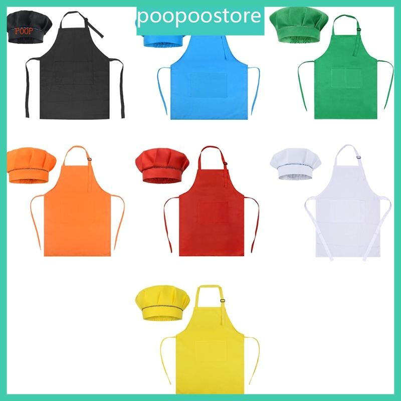 POOP Kids Chef Apron Bib Hat for Children Cooking Baking Solid Color Uniform Costume
