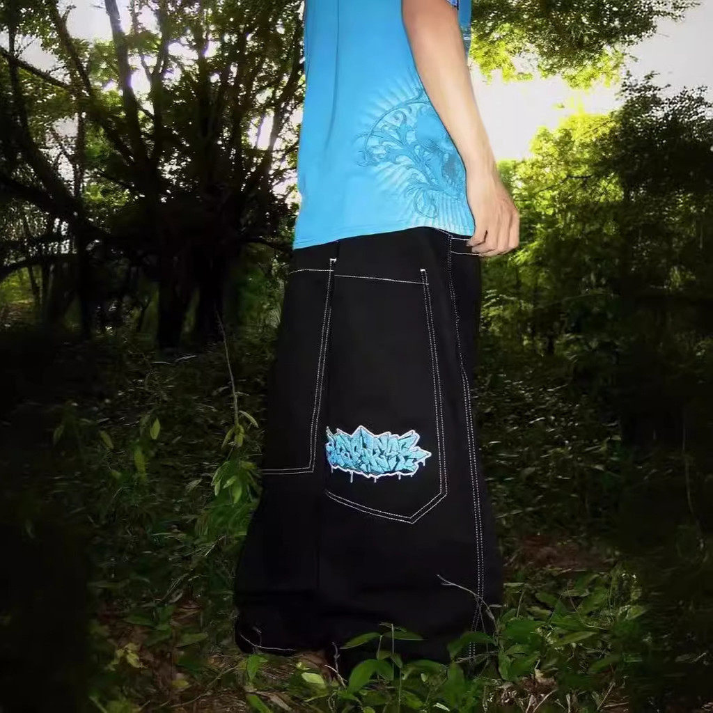 ยุโรปอเมริกัน High Street JNCO รูปแบบกางเกงยีนส์ปัก hiphop กางเกงขากว้างหลวม