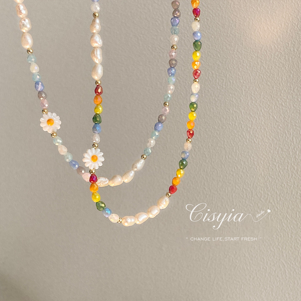 แฟชั่นเพิร์ลเดซี่ที่มีสีสันลูกปัดสร้อยคอไหปลาร้าโซ่หญิงเครื่องประดับโชคดีอุปกรณ์