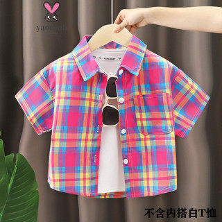 【YAOEENH】90-150ซม.ฤดูร้อนชายสไตล์ตะวันตกเสื้อลายสก๊อตกลางเด็…