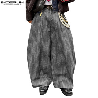 INCERUN กางเกงขากว้างเอวสูงสไตล์วินเทจสําหรับผู้ชาย