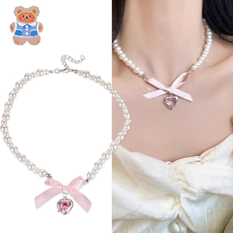 [CRS]แฟชั่นโบว์สีชมพูหัวใจลูกปัดสร้อยคอ Charm Star จี้สร้อยคอเครื่องประดับงานเลี้ยงวันเกิดอุปกรณ์เสร