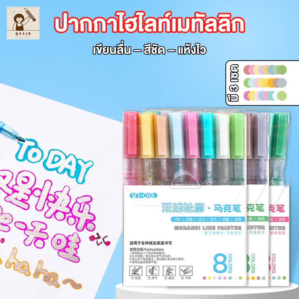 Ohayo ปากกา เรืองแสงพาสเทล ปากกาเขียนโครงร่าง 8PCS ปากกาไฮไลท์ ระบบสีโมรันดี Glitter Highlighter ชุด