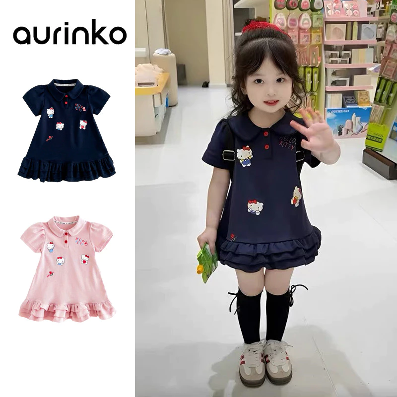 🧸 ส่งจากไทย🧸สไตล์เกาหลี ชุดเด็กผู้หญิง Hellokitty Polo ฝ้าย ชุดเจ้าหญิง ชุดเด็กผู้หญิงฤดูร้อน 1-9ปี ดำ ชุดดําเด็ก