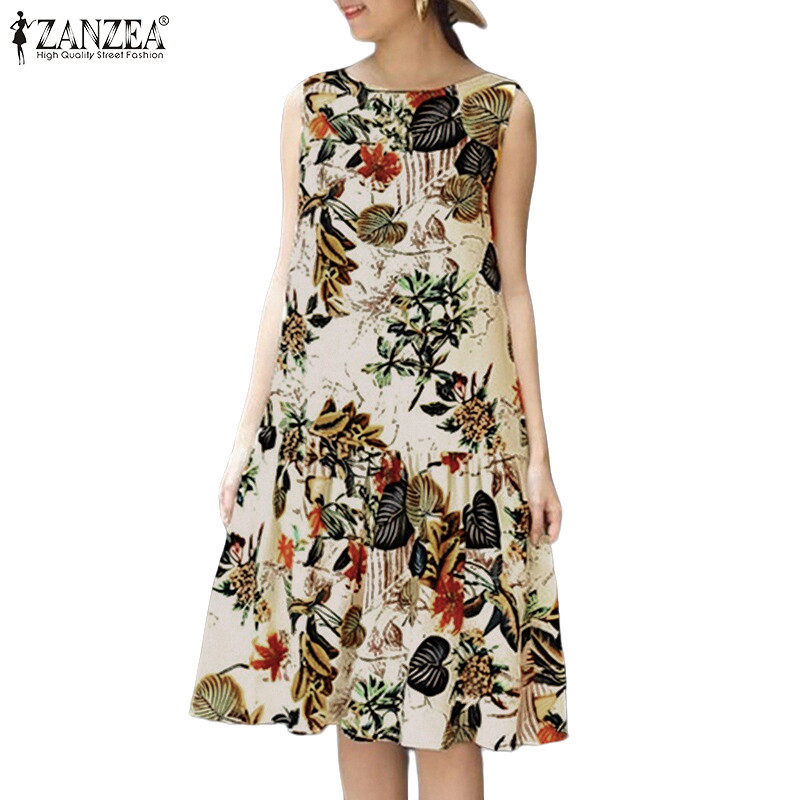 ZANZEA ชุดเดรส A-Line คอลูกเรือแขนกุดลายดอกไม้สําหรับผู้หญิงเกาหลีย้อนยุค