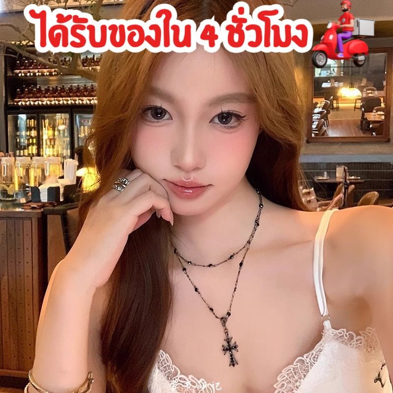 (ส่งจากไทย) สร้อยคอไม้กางเขน จี้ไม้กางเขน เพชรสีดำสองชั้น โชคเกอร์ สร้อยแฟชั่น Y2K Necklaces