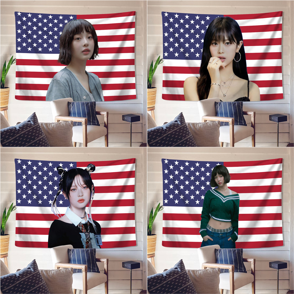 Newjeans Hanni American Flag Wall Tapestry พร้อมคลิปโพลีเอสเตอร์ Tapestries ตกแต่งบ้าน