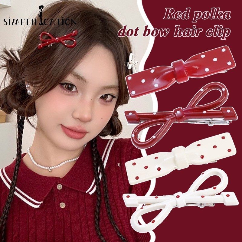 อินเทรนด์ Angora กิ๊บติดผมโบว์จุดสีขาวสีแดง-ผู้หญิงน่ารักเรียบง่ายกิ๊บติดผมด้านข้างที่คาดผม