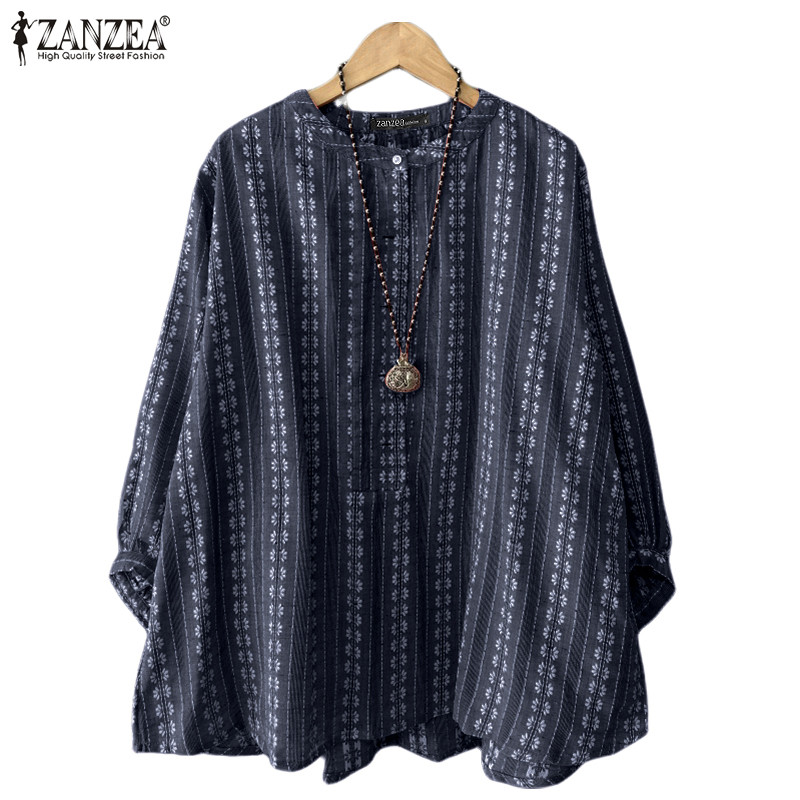 ZANZEA ซานเซีย ผู้หญิงเกาหลีลําลองคอกลมลายพิมพ์ลายดอกไม้สามในสี่แขนเสื้อ