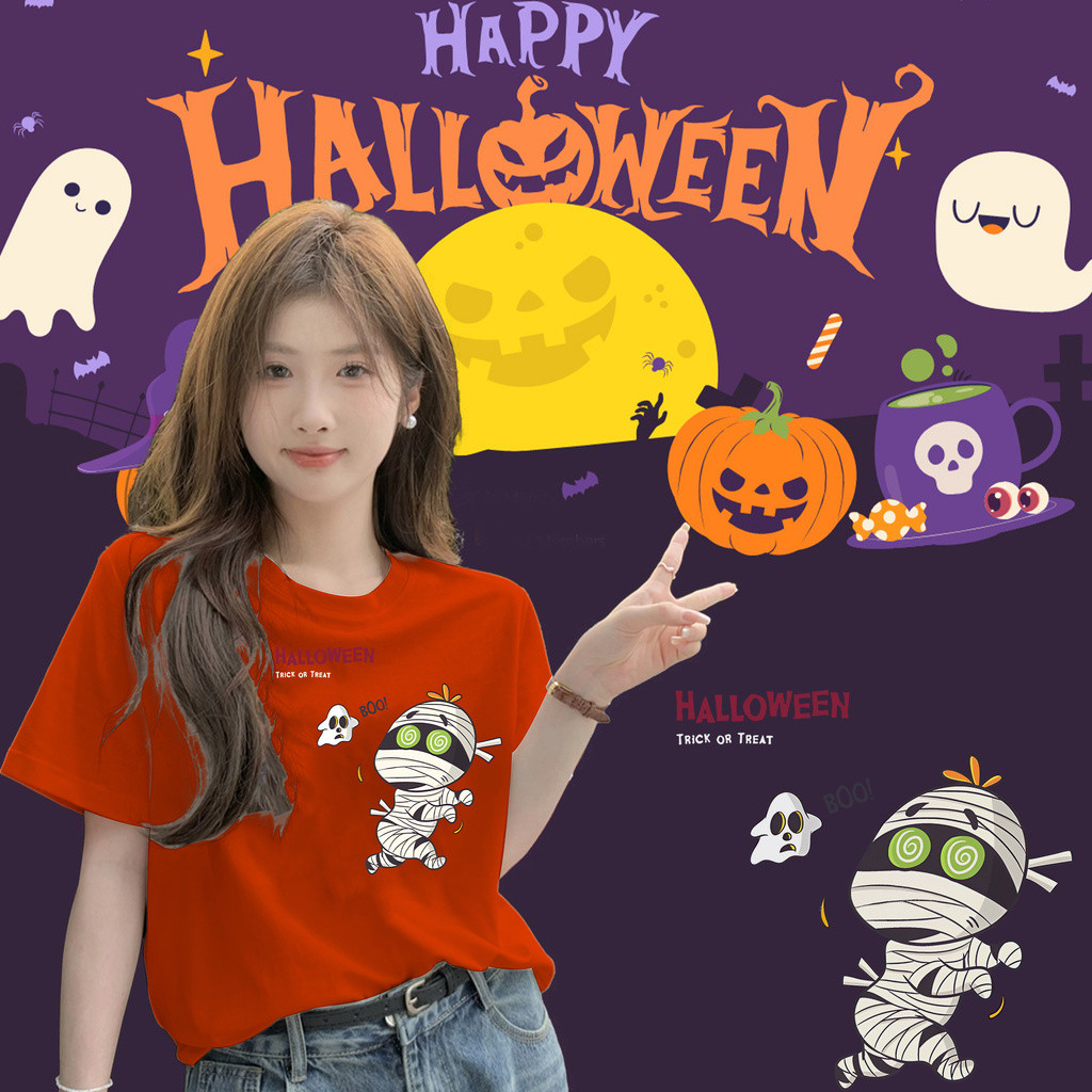 ปกติ✨[พร้อมส่ง] แขนสั้น Mummy&Halloween ผ้าฝ้ายคุณภาพสูง ไม่หดหรือยับ Happy Halloween unisex shirt_H