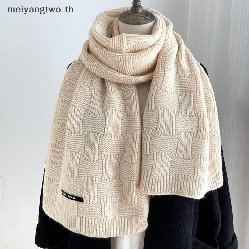 Meiyangtwo.th ผ้าพันคอถักผู้หญิงฤดูหนาวสีทึบอเนกประสงค์ผ้าพันคอแคชเมียร์ที่อบอุ่นใหม่